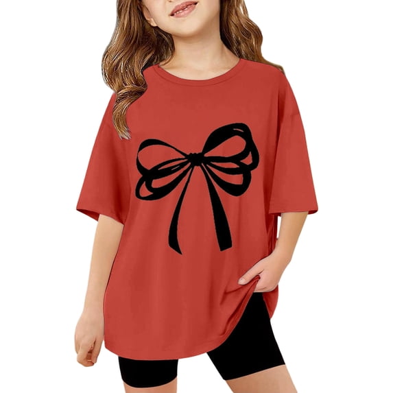 Likimi Infant Kids Girls T Shirt Crew Neck Short Sleeve Bow Print Comfortable Tops Red Size 5-6 Years