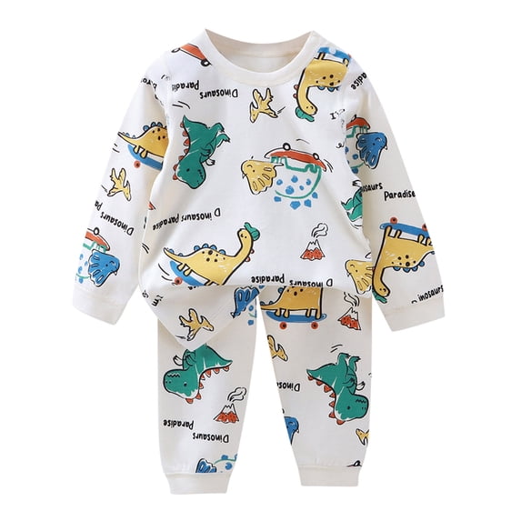 Likimi Toddler Boys Two Piece Set Long Sleeve Dinosaur Print Crew Neck Tops With Pants Spring Autumn Fashionable Outfit Set White Size 4-5 Years