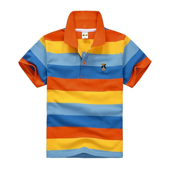 Likimi Kids Boys Tops Lapels Short Sleeve Casual Striped Shirt Fashion Comfortable Soft Tee Spring Summer T-Shirts Sizes 3-14 Year Orange