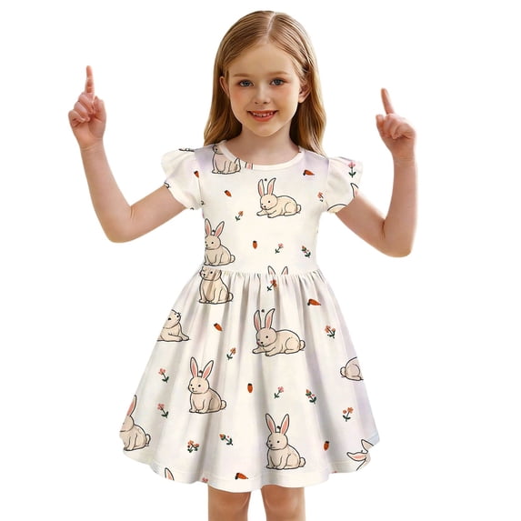 Likimi Kids Child Girls Dress Easter Short Sleeve Cartoon Print Crew Neck Comfort Casual Summer Dress Beige Size 4-5 Years