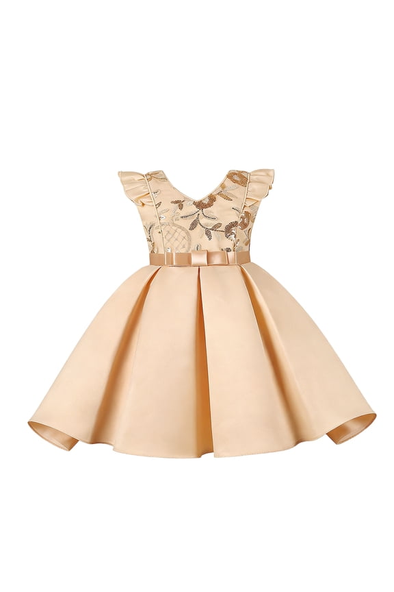 Kids Child Girls Dress Fly Sleeves Sequin V Neck Solid Color Comfort Casual Summer Dress Beige Size 2-3 Years