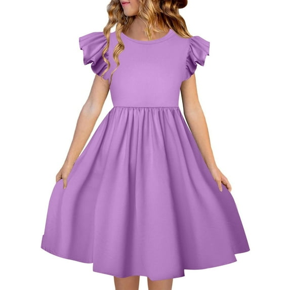 Likimi Kids Girls Dress Girls Solid Color Ruffle Sleeve Dresses Summer Sizes 10 Years Purple