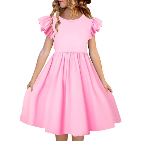 Likimi Kids Girls Dress Girls Solid Color Ruffle Sleeve Dresses Summer Sizes 14-15 Years Pink