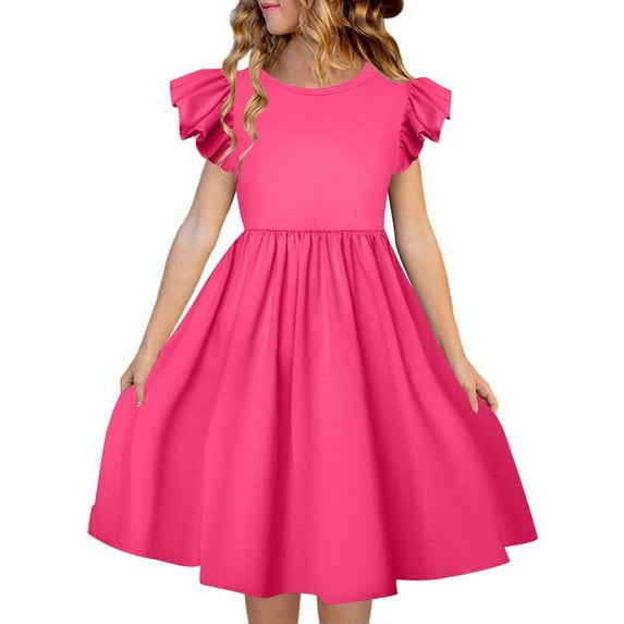 Likimi Kids Girls Dress Girls Solid Color Ruffle Sleeve Dresses Summer Sizes 8-9 Years Pink