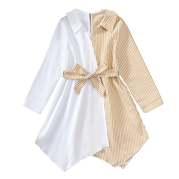 Likimi Kids Girls Dress Long Sleeve Solid Color Lapel Stripe Print A Line Irregular Casual Fashion Spring Autumn Dresses Size 9-10 Years White