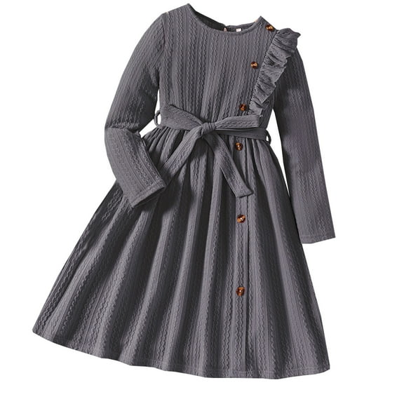 Likimi Kids Girls Dress Solid Color Long Sleeve Pleated Dress Loose Fashion Casual Spring Fall Dress Size Grey 6-7 Years