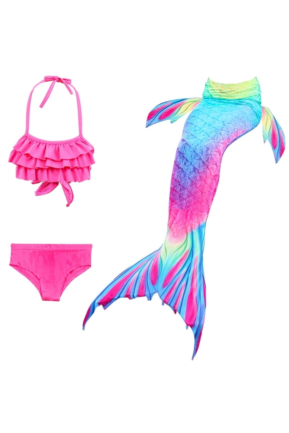 Kids Girls Swimsuits Fashion Spaghetti Strap 3Pcs With Print Tail Top Swim Bottom Swimwear Suits Pink Size 12-13 Years
