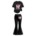 thumbnail image 1 of Likimi Kids Girls Two Piece Set Bow Print Crew Neck Short Sleeve Top With Flared Pants Summer Casual Comfort Outfit Set Black Size 9-10 Years, 1 of 5