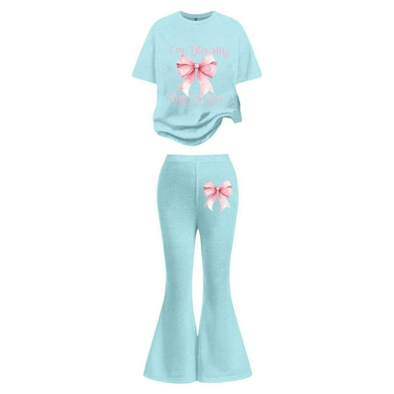 Likimi Kids Girls Two Piece Set Bow Print Crew Neck Short Sleeve Top With Flared Pants Summer Casual Comfort Outfit Set Mint Green Size 12-13 Years