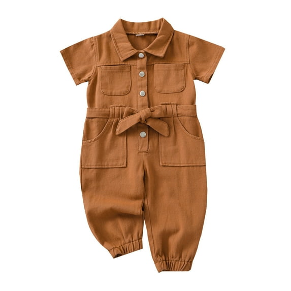 Likimi Kids Girls Romper Short Sleeve Solid Color Lapel Button Down Casual Soft Bodysuits Brown Size 3-4 Years
