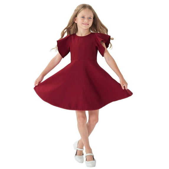 Likimi Kids Toddler Girls Dress Crew Neck Solid Color Ruffle Sleeve Dresses Summer Size 5-6 Years
