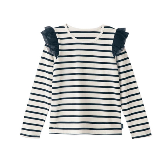 Likimi Kids Toddler Girls T Shirt With Ruffles Striped Print Long Sleeve Crew Neck Shirts For Girls Everyday Wear Fashionable Tops Black Size 10-12 Years