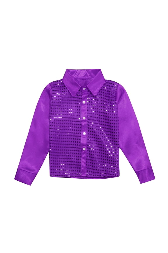 Kids Tops Sparkly Sequins Dance Shirt Boys Long Sleeve Button Down Shirt Performance Lapels Shirts For Boy Sizes 3-14 Year Purple