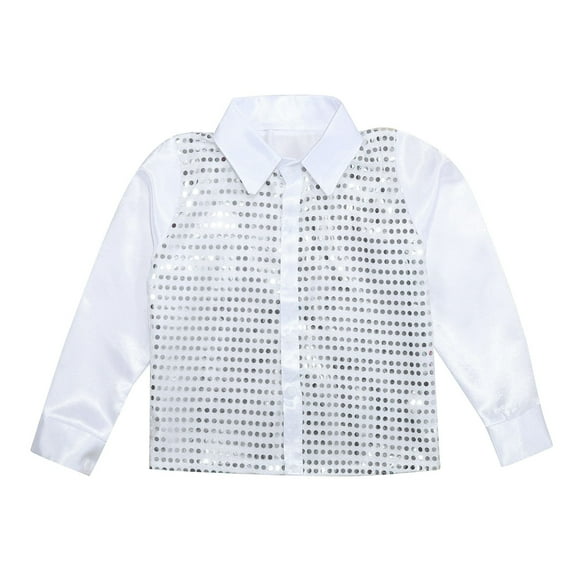 Likimi Kids Tops Sparkly Sequins Dance Shirt Boys Long Sleeve Button Down Shirt Performance Lapels Shirts For Boy Sizes 3-14 Year White