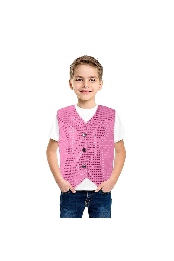 Kids Tops Sparkly Sequins Dance Vest Sleeveless Button Down V Neck Performance Shirts For Boy Size 13-14 Years Pink