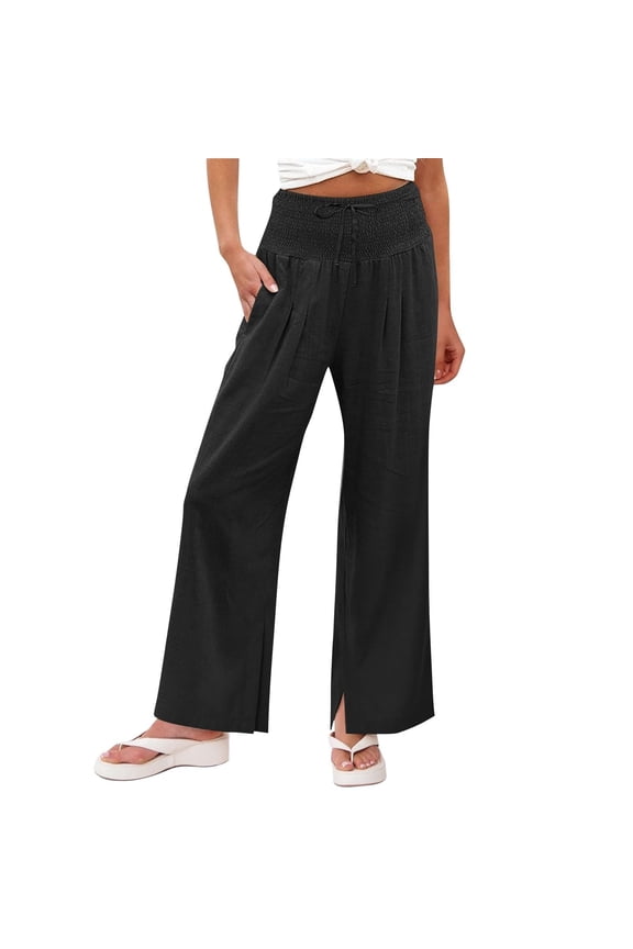 Linen Pants Women High Waist Solid Color Wide Leg Comfortable Trousers With Pockets Black Size 2Xl