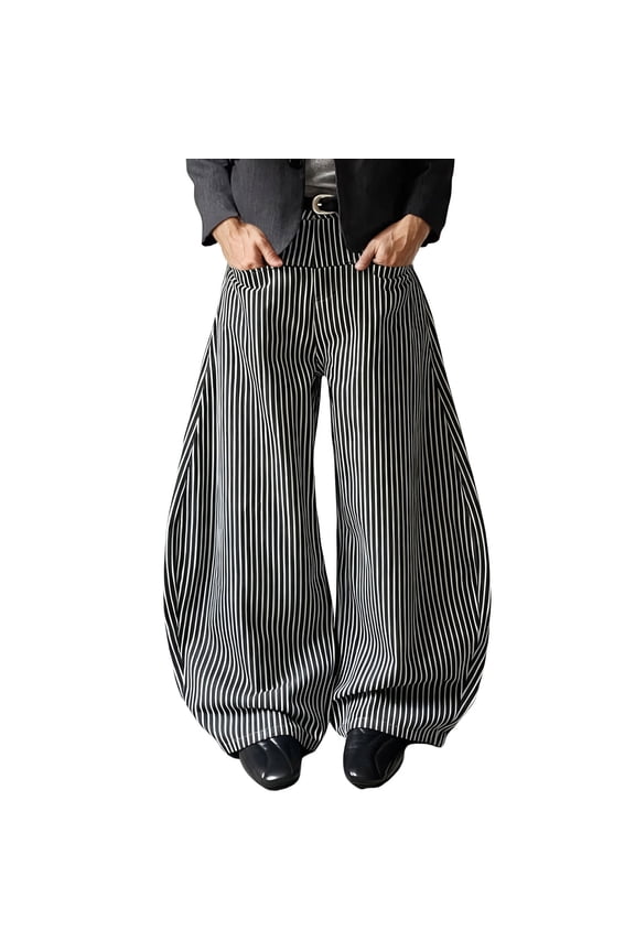Mens Cargo Pants Fashionable Wide Leg Striped Print Loose Fit Autumn Winter Long Trousers With Pockets Size 3Xl Black