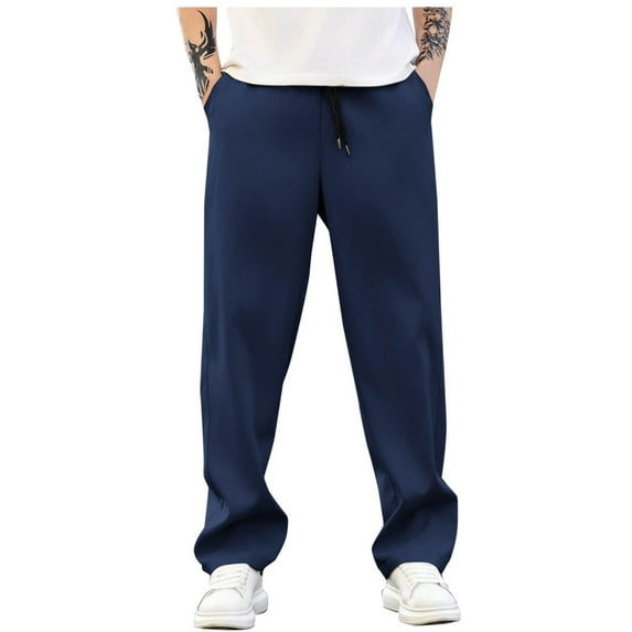 Likimi Mens Casual Pants Elastic Waist Drawstring Lightweight Solid Color Straight Leg Long Trousers With Pockets Blue Size Xl