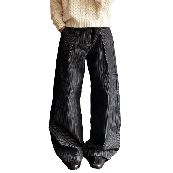 Likimi Mens Casual Pants For Business Straight Wide Leg Striped Print Loose Fit Autumn Winter Long Trousers With Pockets Size L Black