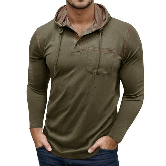 Likimi Mens Hooded T Shirt Long Sleeve Casual Comfortable Pullover Solid Color Spring Autumn Top With Pocket Size L Green