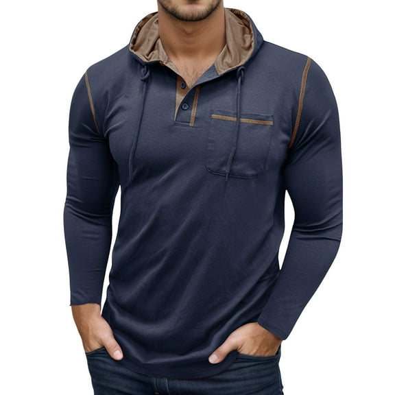 Likimi Mens Hooded T Shirt Long Sleeve Casual Comfortable Pullover Solid Color Spring Autumn Top With Pocket Size Xl Blue