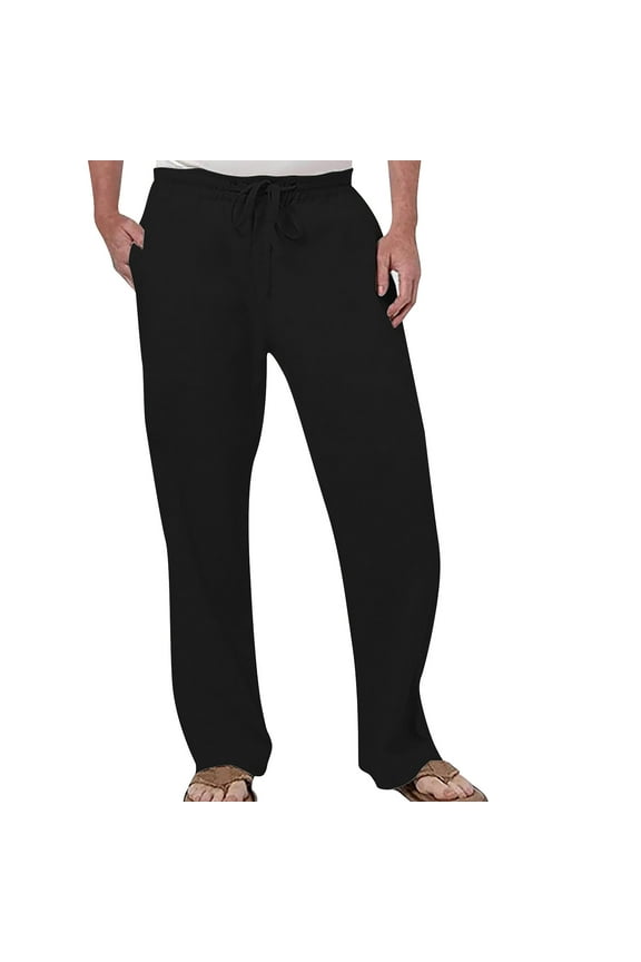 Mens Pants Fashion Casual Solid Color Breathable Drawstring Elastic Waist Trousers With Pocket Black Size S