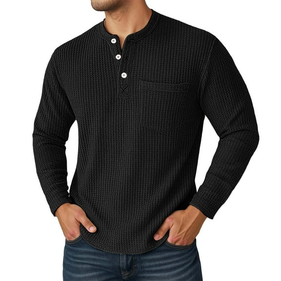 Likimi Mens Pullover Crew Neck Solid Color Long Sleeve Button Comfortable Fashion Autumn Sweatshirt With Pocket Black Size M