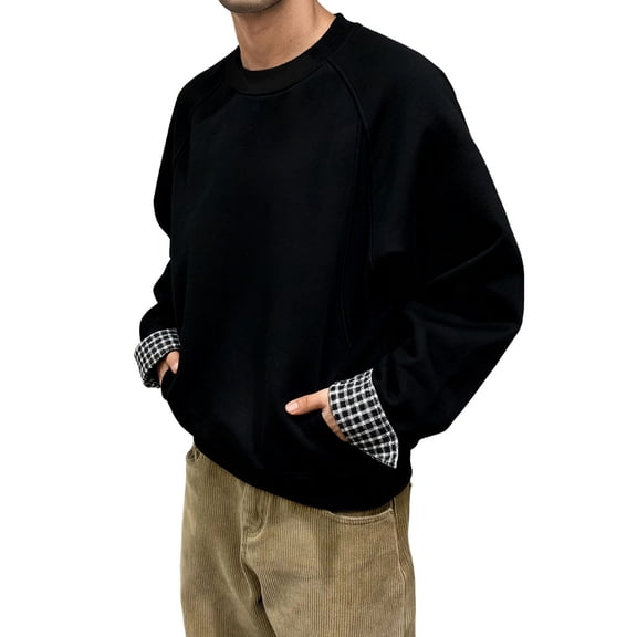 Likimi Mens Pullover Long Sleeve Crew Neck Solid Color Fashionable Soft Warm Autumn Sweatshirt With Pocket Black Size L