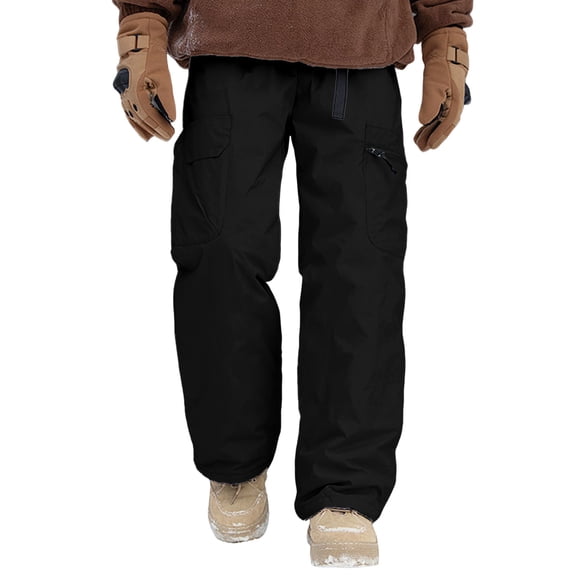 Likimi Mens Ski Pants Elastic Waist Thickened Soft Warm Thermal Waterproof Solid Color Fashion Outdoor Long Trousers With Pocket Size 2Xl Black