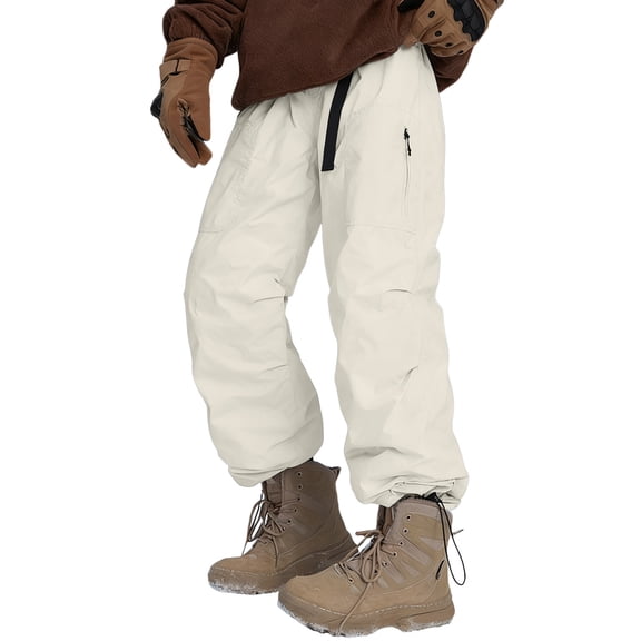 Likimi Mens Ski Pants Thickened Soft Warm Thermal Waterproof Elastic Waist Solid Color Fashion Outdoor Long Trousers With Pocket Size M White