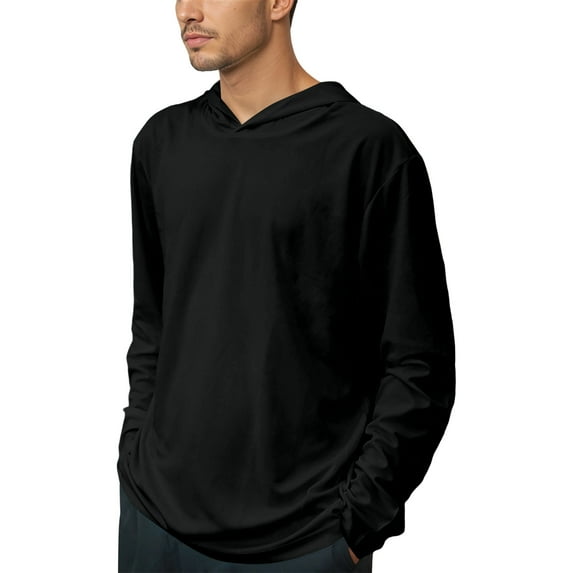 Likimi Mens T Shirt Hooded Long Sleeved Crew Neck Solid Color Sports Fashionable Spring Autumn Pullover Size L Black