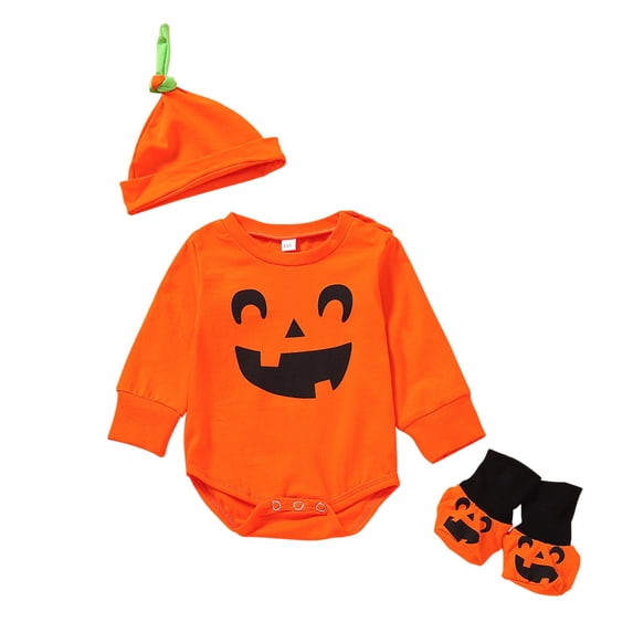 Likimi Newborn Baby Boys Halloween Jumpsuits With Hat Crew Neck Hallowmas Pumpkin Print Long Sleeve Romper For Baby Party Fashion Clothes Orange Size 0-3 Months