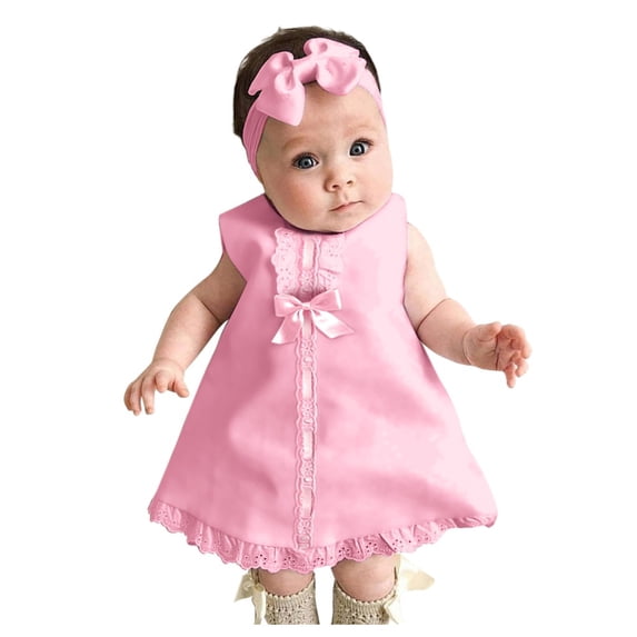 Likimi Newborn Baby Girls Dress With Lace Solid Color Crew Neck Sleeveless Summer Casual Dresses Pink Size 12-18 Months