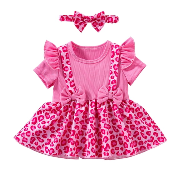 Likimi Newborn Girls Romper With Headband Short Sleeve Leopard Prints Crew Neck Summer Fashionable Soft Bodysuits Pink Size 3-6 Months
