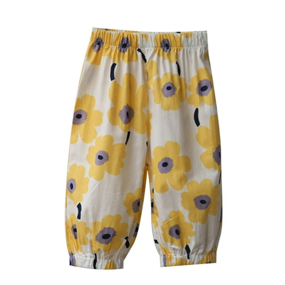 Likimi Girls Boys Pants Summer Plaid Floral Print Elastic Waist Breathable Long Trousers Yellow Size 3-4 Years