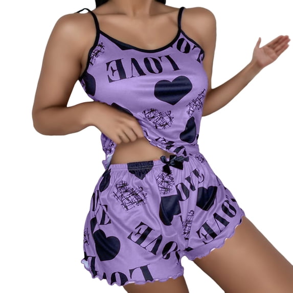 Likimi Pajamas For Women Set Crew Neck Hearts Print Sleeveless Pjs Tops With Shorts Summer Comfort Loungewear Purple Size L