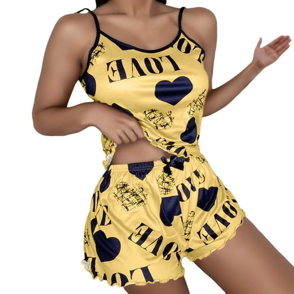 Likimi Pajamas For Women Set Crew Neck Hearts Print Sleeveless Pjs Tops With Shorts Summer Comfort Loungewear Yellow Size L