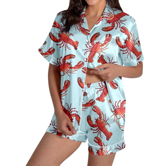 Likimi Pajamas For Women Set Lapel Button Down Cartoon Print Short Sleeve Pjs Tops With Shorts Summer Soft Comfort Homewear Sky Blue Size L