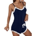thumbnail image 1 of Likimi Pajamas For Women Set With Lace Trim Crew Neck Solid Color Sleeveless Pjs Tops With Shorts Summer Fashion Loungewear Navy Size S, 1 of 4