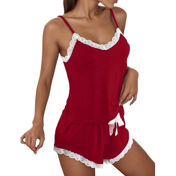 Likimi Pajamas For Women Set With Lace Trim Crew Neck Solid Color Sleeveless Pjs Tops With Shorts Summer Fashion Loungewear Red Size L