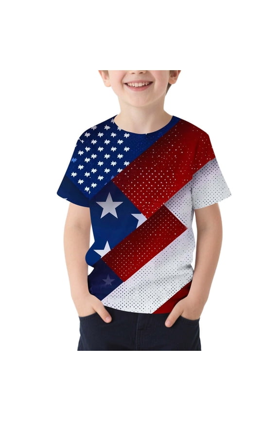 Patriotic Shirts For Children Girls Boys Fourth Of July Print Crew Neck Short Sleeve For Independence Day Celebration Breathable Tops Blue Size 18-24 Months