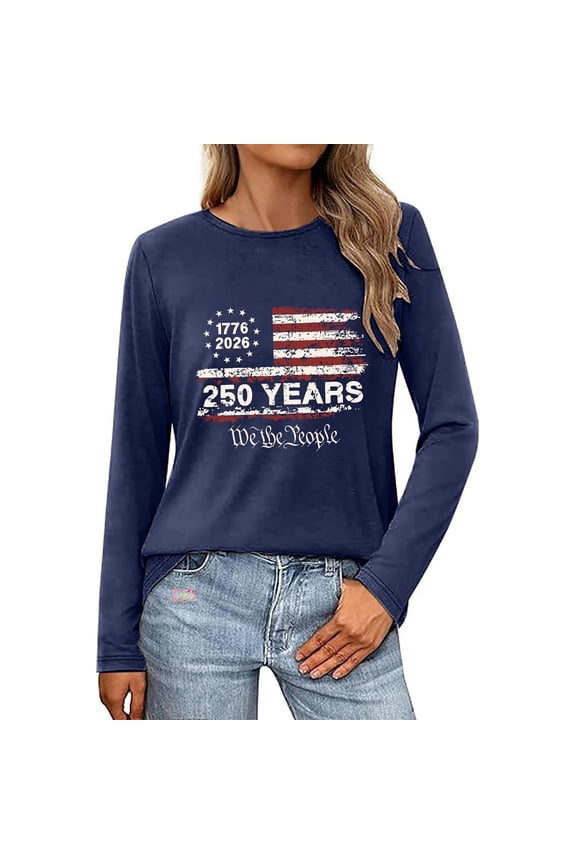 Patriotic Shirts For Women 4Th Of July Print Long Sleeve Crew Neck Breathable T Shirts Navy Size M
