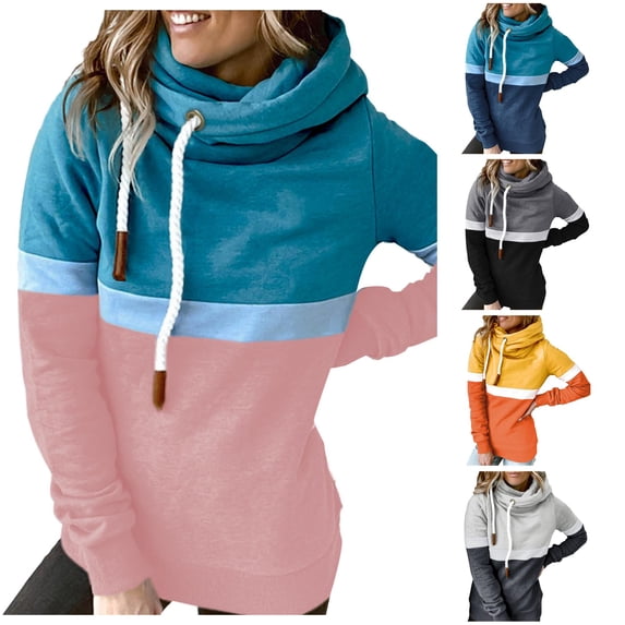 Likimi hoodies For Women Drawstring Long Sleeve hooded Sweatshirt High Neck Color Block Autumn Winter Soft Comfortable Pullover Pink Size L