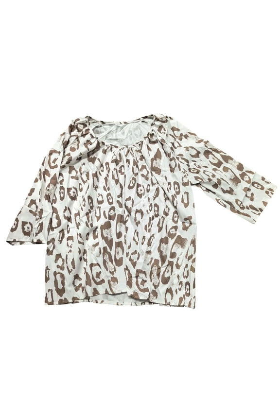 T Shirts For Women Crew Neck Long Sleeve Leopard Print Loose Fit Summer Fashion Tee Khaki Size S