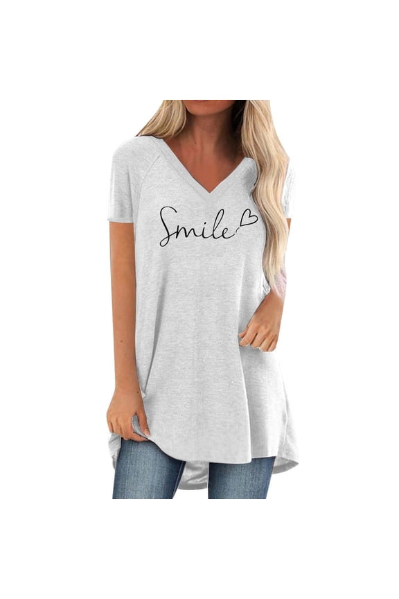 T Shirts For Women Plus Size Letter Print V Neck Short Sleeved Fashionable Casual Tops White Size 2Xl