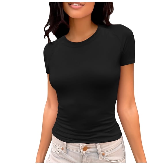 Likimi T Shirts For Women Slim Fit Short Sleeve Crew Neck Solid Color Fashionable Casual Tops Black Size S
