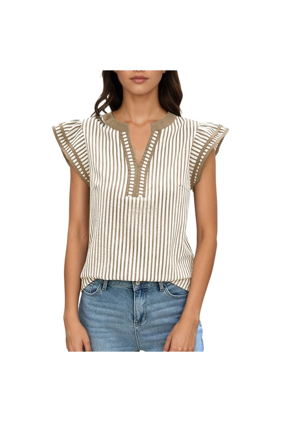 T Shirts For Women V Neck Striped Print Flutter Sleeves Summer Blouse Comfort Casual Tee Beige 2Xl
