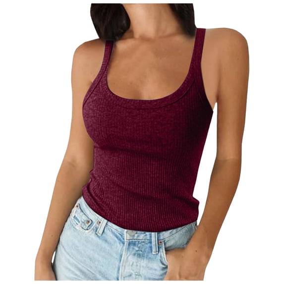 Likimi Tank Tops For Women Spaghetti Strap Crew Neck Solid Color Slim Fitted Sleeveless Breathable Comfort Shirt Brick Red Size L