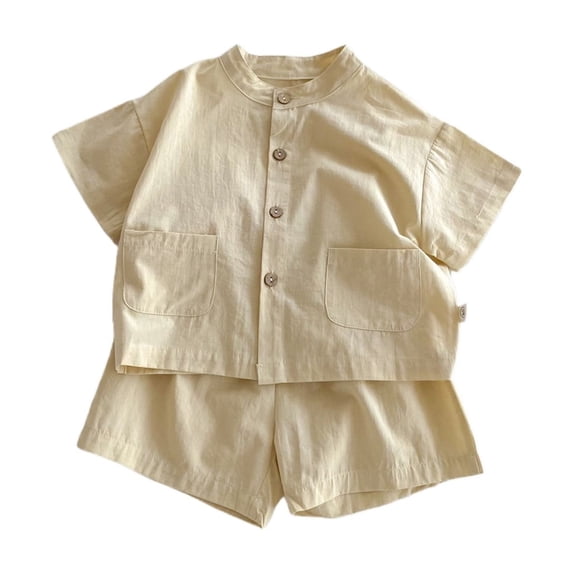 Likimi Toddler Boys 2 Piece Sets Short Sleeve Crew Neck Button Down Solid Color Shirts With Shorts Lightweight Outfit Set Beige Size 18-24 Months