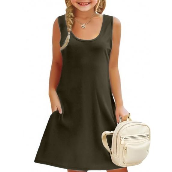 Likimi Toddler Child Girls Dress Solid Color Crew Neck Sleeveless Summer Comfortable Dresses Army Green Size 4-5 Years